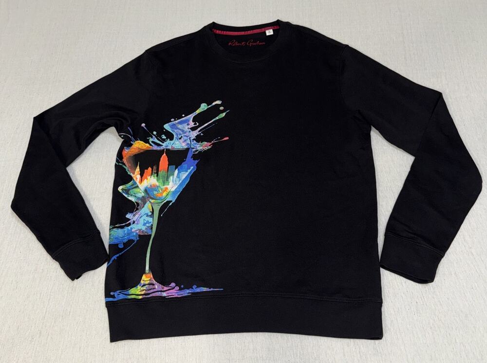 Robert Graham Men's Martini Glass New York Skyline Black Sweater Medium NWOT